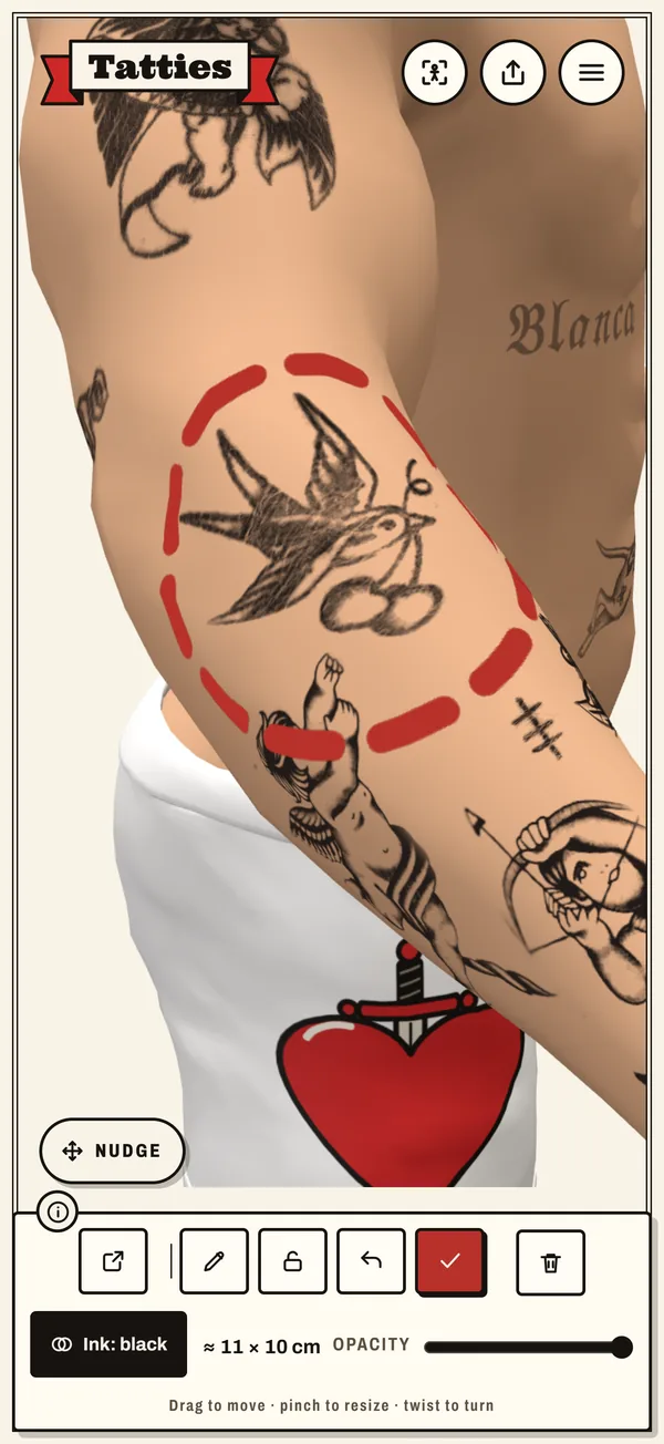The Tatties app: a swallow tattoo being placed on the arm of a 3D body